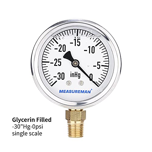 MEASUREMAN 2-1/2inch Dial Size, Glycerin Filled Plumbing Pressure Gauge, 30inHg-0, Stainless Steel Case, 1/4inchNPT Lower Mount - size: 30inHg-0, style: Lower Mount