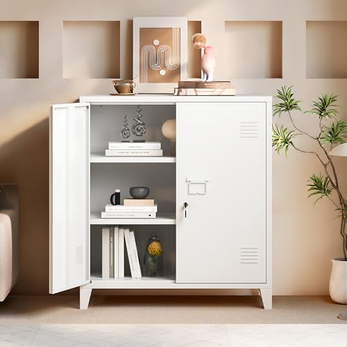 MIOCASA Metal Storage Cabinet with Locking Double Doors, Lockable Steel Cabinet with Adjustable Shelves for Home Office, Garage, Coffee Bar, Entryway - color: White