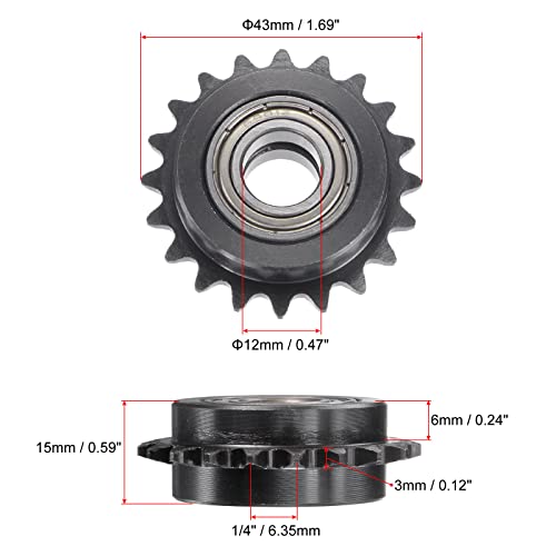 uxcell #25 Chain Idler Sprocket, 12mm Bore 1/4" Pitch 20 Tooth Tensioner, Black Oxide Finish C45 Carbon Steel with Insert Double Bearing for ISO 04C Chains - size: 12mm