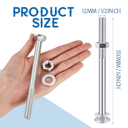 Zonon 12 Sets Carriage Bolt, Silver, 1/2 x 6 Inch - color: Silver, size: 1/2 x 6 Inch