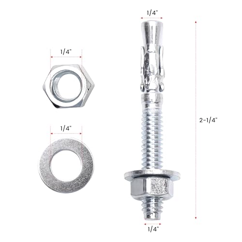 1/4" x 2-1/4" Wedge ANCHORPZ - Concrete Anchor Carbon Steel Wedge Anchor with Excellent Anti-Rust Performance 10PC - size: 1/4"x2-1/4"