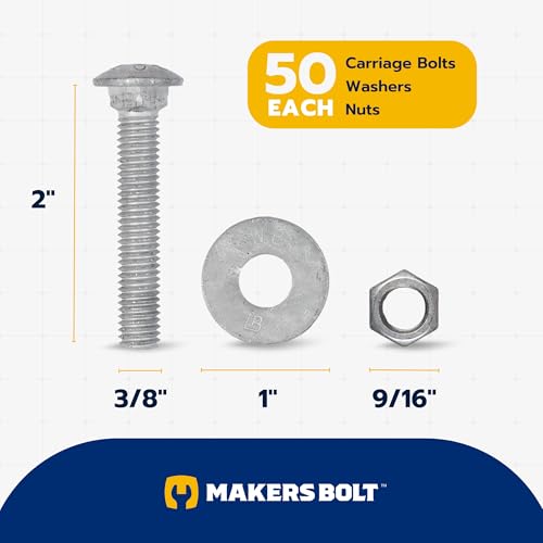 3/8" x 2" (50 Pack) Galvanized Carriage Bolt Kit, Grade 307A, Hot Dip Galvanized for Exterior Use by Makers Bolt - size: 3/8 x 2