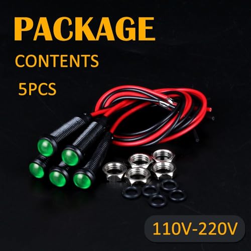 5pcs 6mm LED Indicator Light Plastic Black Signal Dot Lamp 110-220VAC 1/4" Mounting Hole Size with 15cm/5.9in. Wire (Green LED) - color: Green, size: 6mm 110-220V