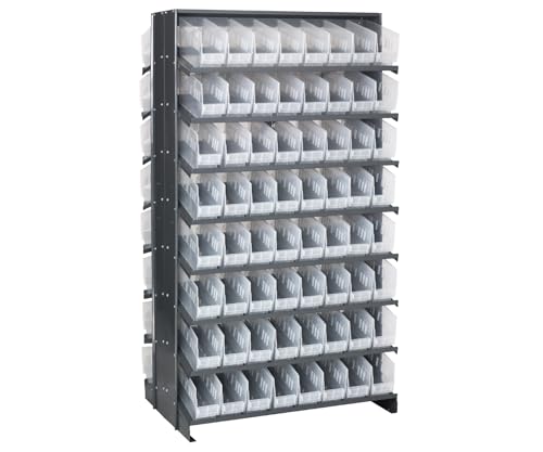 Quantum QPRD-201CL Double-Sided Display Sloped Pick Rack for Warehouse Retail Store | 800 lbs Capacity | (128) QSB201 Clear, Bins, (16) Shelves Configuration | 24"L x 36"W x 63.5"H, Gray, Carbon Steel - size: 64" H x 36" W x 24" D, style: 12" L x 5" W x 6