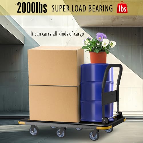 Heavy-Duty Foldable Platform Cart with 6 Wheels & 2000LB Capacity - 360° Swivel & Fixed Casters, Collapsible Push Cart Dolly Black Plastic Trolley, 5" Wheels, Spare Tire & Anti-Collision Corners - color: 2000lbs