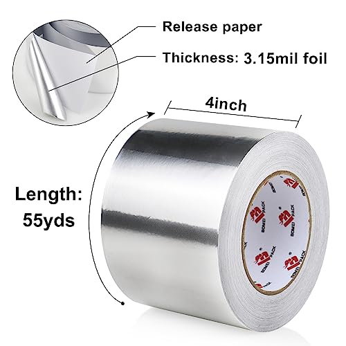 BOMEI PACK Aluminum Foil Tape,Heavy Duty Metal Duct Tape,High Temperature Silver Tape,Perfect for Sealing & Patching,HVAC,Air Ducts,Insulation and Metal Repair (4 Inch) - size: 4 Inch x 55 Yards