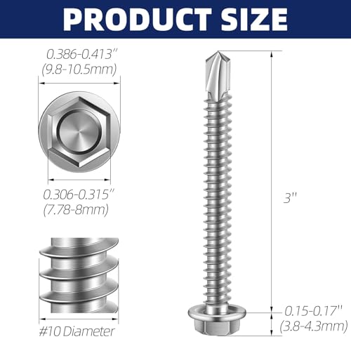 #10 x 3 Hex Washer Head Self Drilling Sheet Metal Screws with Drill Point, 410 Stainless Steel Self Tapping Screws for Metal, 50 PCS - color: Silver, size: #10 x 3"