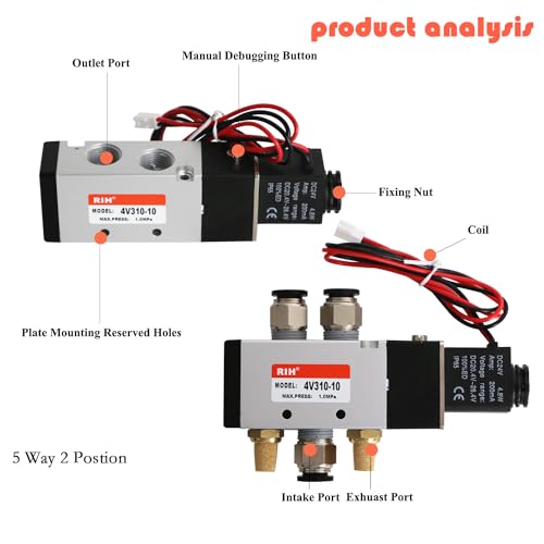 RIH Pneumatics Solenoid Valve 3/8"NPT DC24V Single Coil Pilot-Operated Electric 5Way2Position 4V310(DC24V Wire, 3/8‘’) - style: DC24V Wire