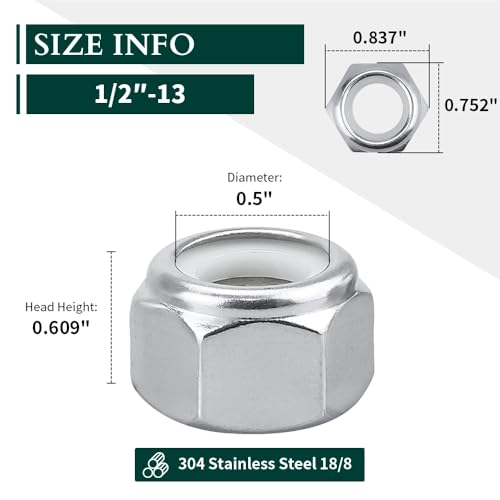 1/2"-13 Nylon Insert Hex Lock Nuts, Allen Hex Drive, 304 Stainless Steel 18-8, Full Thread, Coarse Thread UNC, Pack of 10 - size: 1/2"-13