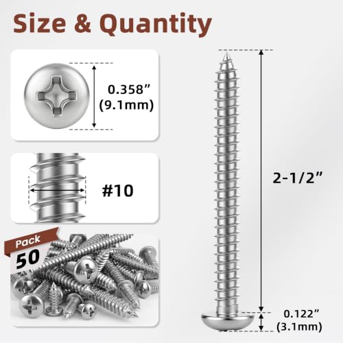 Mellewell #10 x 2-1/2" Pan Head Self Tapping Screw, Pan Head Sheet Metal Screws Wood Screws, Stainless Steel 304 (18-8), 50 Pack - color: Silver, size: #10 x 2-1/2"
