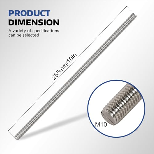 4 Pcs 304 Stainless Steel M10 Threaded Rod,10"(255mm) - size: M10x255mm