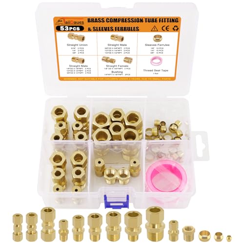 53 Pcs Brass Compression Fittings Assortment Kit - size: 53Pcs Compression Kit