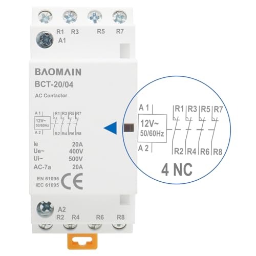 BAOMAIN 12V AC 4-Pole 20A Modular Contactor, 4NC, DIN Rail Mount