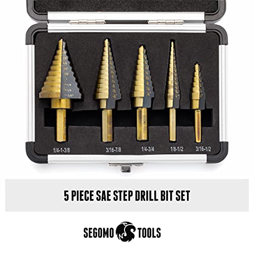 5 Piece SAE Multiple Hole 50 Sizes HSS Step Drill Bit Set with Aluminum Case | Stepped Drill Bit | Cone Drill Bit | Step Bit Set | Multiple Hole Drill Bit | Drill Step Bit - SDS5SAE