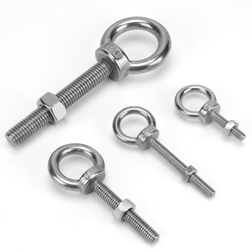 4 Pack M10 Eye Bolts, 2" Thread Stainless Steel with Nuts - size: M10*50