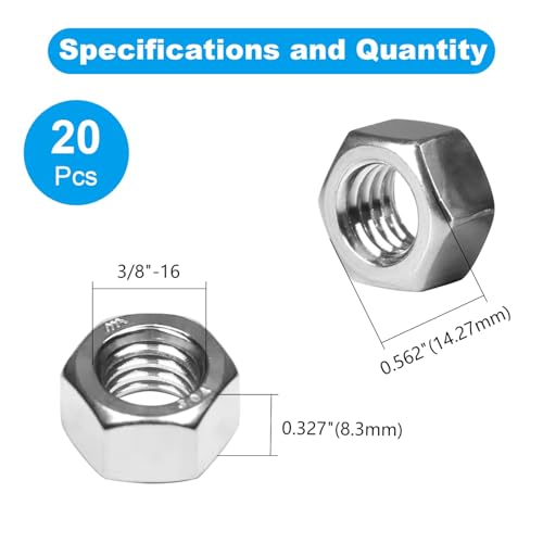 20pcs 3/8-16 Hex Nuts, 304 Stainless Steel - size: 3/8"-16;20 PCS