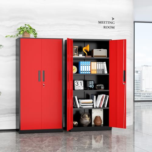 SUNCROWN Metal Storage Cabinets with Lock, Tool Cabinet, 72" Locking Steel Storage, Tall Locker Organizer Garage Cabinets with 2 Doors and 4 Shelves for Home,Office,Warehouse,Garage,School(Black Red) - color: Black & Red, size: 72"H x 32"W x 16"D
