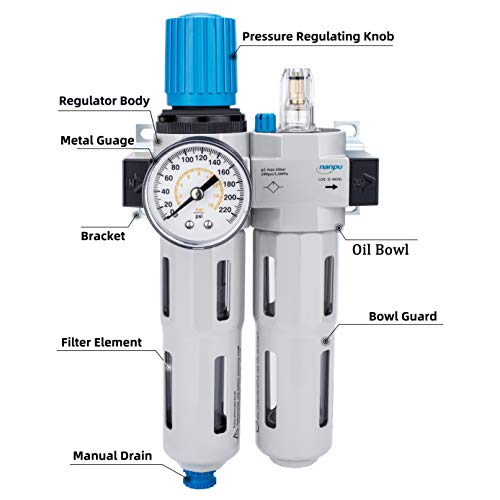 NANPU 3/8" NPT High Pressure Compressed Air Filter Regulator Lubricator Combo, Water/Oil Trap Separator - Gauge(0-230 psi), Poly Bowl,Semi-Auto Drain, Bracket- 3 in 1 Two Unit
