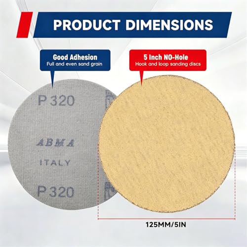 waltyotur 100Pcs Hook and Loop Sanding Discs 5 Inch NO-Hole 320-Grit Sandpaper Sanding Discs Hook and Loop Backing Aluminum Oxide Round Sandpaper for Polishing Accessories - size: 320-Grit, style: 5 Inch