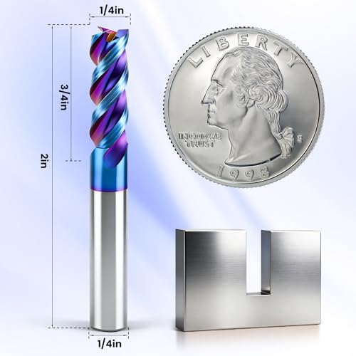HQMaster Carbide Square End Mill with Nano Blue Coating, 1/4“ Shank 3 Flute End Mill, HRC 60 CNC Milling Bits Set for Aluminum, Copper, Magnesium Alloys & Composite Materials, 2-Pack - size: 1/4" x 1/4" x 3/4" x 2"
