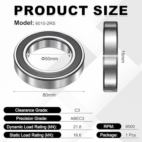uxcell 1Pcs 6010-2RS Deep Groove Ball Bearings, 50x80x16 mm High Speed Double Rubber Seal Bearings Pre-Lubricated and Stable for Industrial Machinery Repairs 3D Project - size: 6010-2RS(50x80x16 mm)