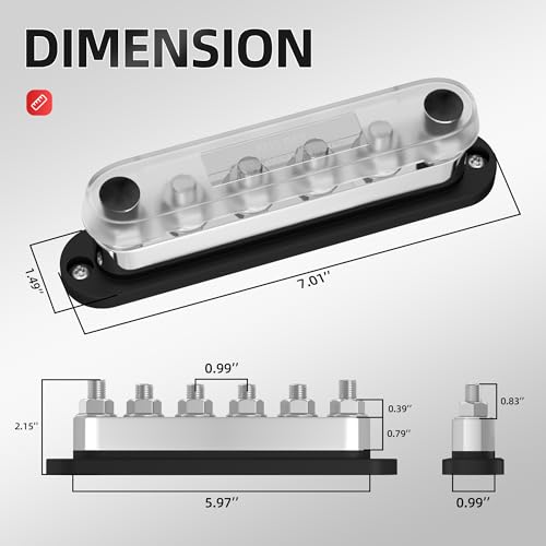 DAIERTEK 600A Power Distribution Block 12V Bus Bar Terminal Block 6 x 3/8" Terminal Studs 12 Volt Marine Bus Bar with Cover Positive & Negative for Automotive Car Boat Solar System - color: BB600-T6M10-C-RB