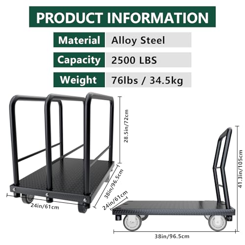 Panel Cart 2in1 Drywall Cart 38" x 24" Platform Truck 2500 lbs Capacity Flatbed Cart with 1Front and 3 Side Handrails& Swivel Casters