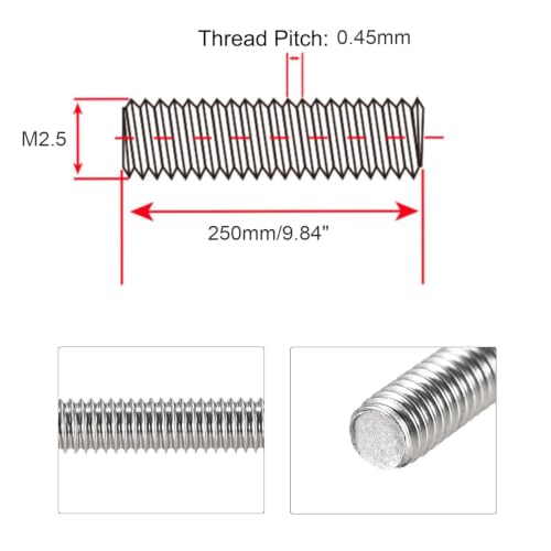 5 Pack Fully Threaded Rod M2.5 x 250mm 0.45mm Thread Pitch - size: M2.5 x 250