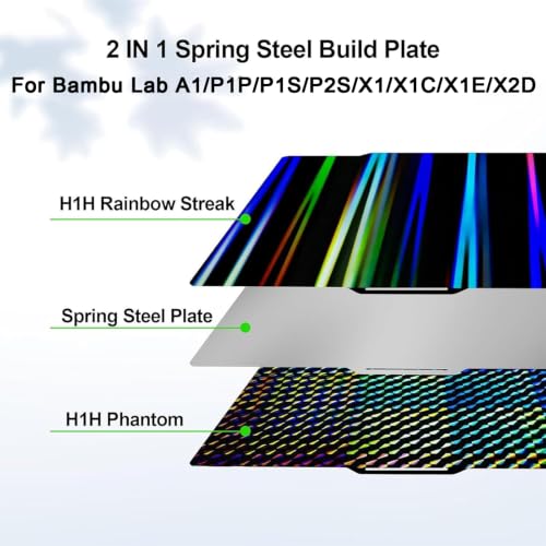 Daul Sided Smooth H1H Build Plate for Bambu Lab X2D X1 X1C X1E P1P P1S P2S A1, Rainbow Steak + Phantom H1H Spring Steel Plate Flexible Sheet 256x256mm for Bambu Labs 3D Printers - color: Rainbow Streak+Phantom H1H