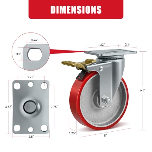 5" Industrial Heavy Duty Casters Set of 4, Polyurethane on Cast Iron Caster Wheels, 4 Total Lock Brake Casters, 2200 lbs Capacity, for Cart, Workbench, Toolbox, Equipment - style: 5" Wheel