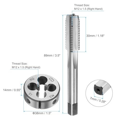 uxcell 3pcs Metric Hand Tap and Die Set, M12 x 1.5 Taper/Plug Thread Taps & Round Die, Hand Threading Tapping Tool Kit for Thread Repair - size: M12 x 1.5