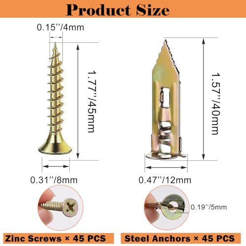 90PCS Self Drilling Drywall Anchors and Screws Kit, 0.47x1.57 inch Sheetrock Anchors with Screws, Wall Anchors for Drywall, No Drill, Holds Up to 66LBS for Picture & Mirror Hanging - color: 90PCS-0.47x1.57 inch