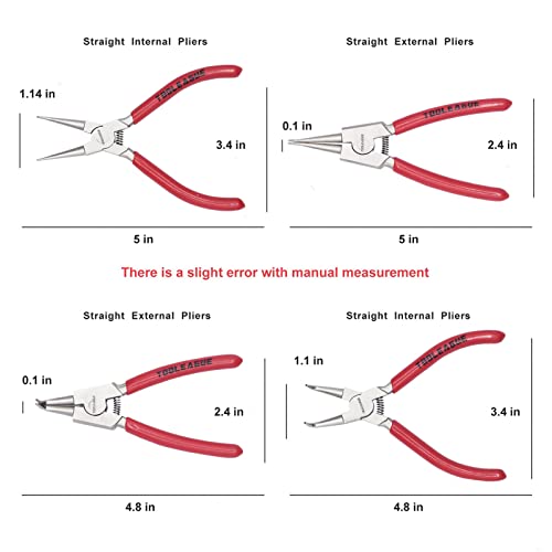 TOOLEAGUE 5" Small Snap Ring Pliers Set, Mini Circlip Pliers Kit, 4 Pcs - size: 5 inches (Bent/Straight, Internal/External, 4Pcs)