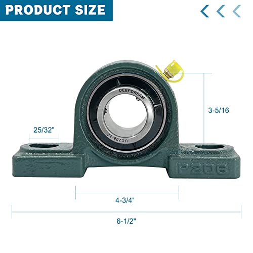 2 Pcs UCP206-20 Pillow Block Bearing 1-1/4" inch Mounted Pillow Block Bearings Chrome Steel Bearings with 1 1/4" Bore Self Alignment - size: UCP206-20-2pcs