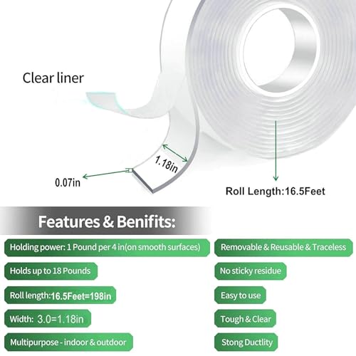 Jwxstore Extra Large Double Sided Tape Heavy Duty Removable 1.18 Inch x 196 Inch, Clear & Tough Nano Tape, Multipurpose Mounting Tape Picture Hanging Strips Adhesive for Carpet Poster (Pack of 2) - size: 1.18 Inch x 196 Inch (Pack of 2)