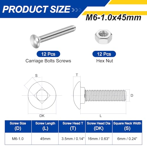 12Set M6-1.0x45 Carriage Bolt with Hex Nut 304SS - color: Silver Bright, size: M6-1.0x45