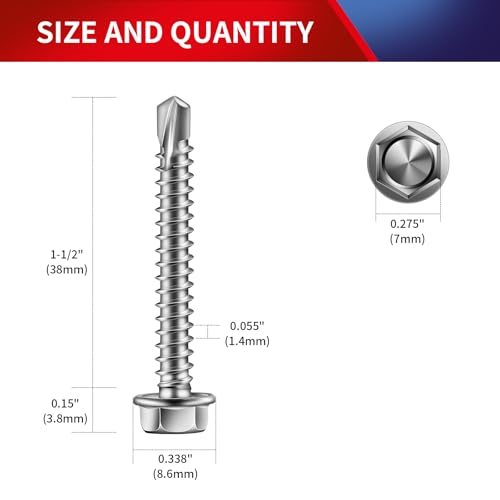 #8 x 1-1/2" Self Drilling Screws (131Pcs) Hex Washer Head 410 Stainless Steel Self Tapping Screws for Metal Sheet Metal Screws with Hex Socket Included - color: Silver, size: #8 x 1-1/2"
