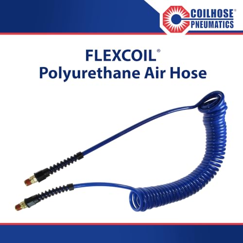Coilhose Pneumatics PU14-25B-B Flexcoil Polyurethane Coiled Air Hose, 1/4-Inch ID, 25-Foot Length with (2) 1/4-Inch Reusable Strain Relief MPT Swivel Fittings, Dark Blue - color: Blue, size: 1/4" X 25 Feet