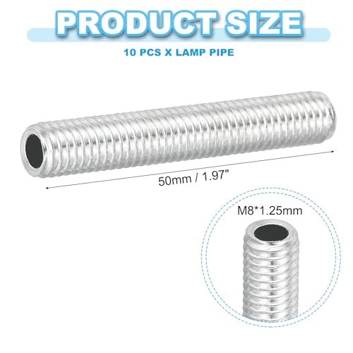 PATIKIL M8 Thread Carbon Steel Lamp Pipe, 10 Set 50 mm/1.97" Hollow Tube Thread Adapter Fasteners Hardware for Lamp Lights Chandelier Ceiling Light DIY, White Zinc Plating - size: M8x50mm