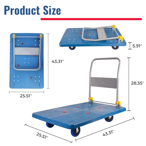 1320lbs Foldable Platform Truck Dolly with Swivel Wheels, Heavy Duty Moving Platform Hand Truck, Moving Flatbed Cart Push Cart Platform Dolly Cart for Groceries, Warehouse(43.31" x 25.51" Blue) - color: Blue