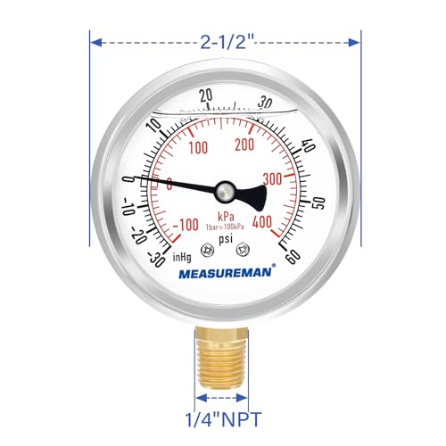 MEASUREMAN 2-1/2" Dial Size, Glycerin Filled Pressure Gauge, 30inHG-60psi, 304 Stainless Steel Case, 1/4" NPT Lower Mount - size: -14.7-60 psi, style: Lower Mount