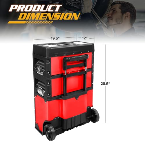 Magshion Heavy-Duty Rolling Tool Box, 3-Tier Stackable Tool Chest System with Wheels & Drawers, Modular Organizer for Small Parts and Tools, Mobile Garage Workshop Storage in Black/Red - color: Black/Red