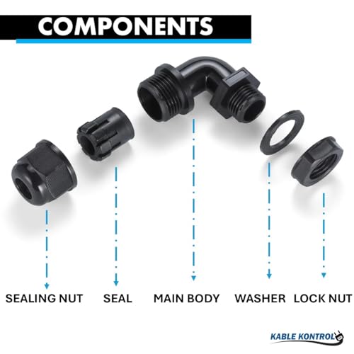 Kable Kontrol Nylon Cable Glands 3/4” Right Angle Joint Elbow Gland 14 NPT 20 Pcs Cord Grip, Strain Relief, Waterproof Adjustable Locknut for Industrial Use, Flame Retardant, RoHS Compliant - size: 0.75” - 14 NPT - 20 Pcs