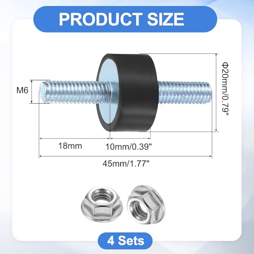 uxcell 4Pcs M6 x 18mm Rubber Mounts, 10 x 20mm Cylindrical Anti Vibration Isolator Studs Shock Absorber Double Studs with Nuts for Car Bobbin Generator Air Compressors - size: M6 x 18mm, 10 x 20mm