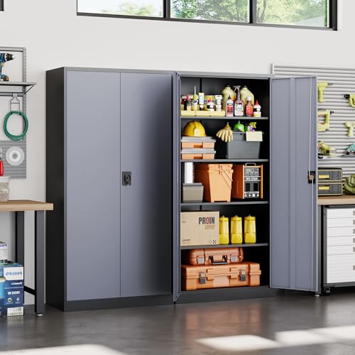 Yizosh Metal Garage Storage Cabinet with Lock, 71" Locking Tool Cabinet with 2 Doors and 4 Shelves, Tall Steel Cabinet for Garage, Heavy Duty File Cabinet for Office, School (Black Gray) - color: Gray Black, size: 16"D x 32"W x 71"H