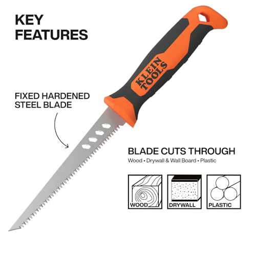 Klein Tools 31711 Fixed Blade Rasping Jab Saw with Sheath, Triple Ground Teeth Cuts Drywall, Plywood, Plastic and Wallboard, Hardened Steel Blade - style: Fixed Jab Saw