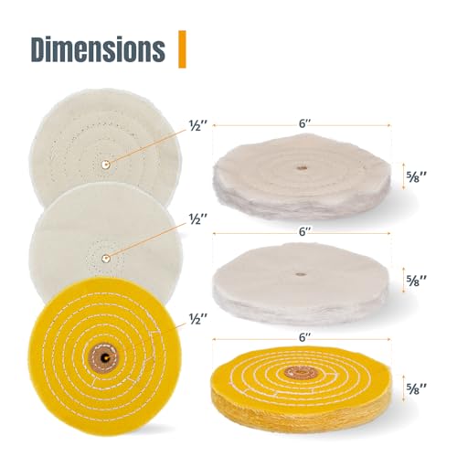 POWERTEC 6 Inch Buffing & Polishing Wheels (40 Ply) w/Buffing Polishing Compounds Kit, Extra Thick Buffer Wheels w/ 1/2" Arbor Hole for Bench Buffer Polisher and Bench Grinder (71631) - size: 6 inch, 6 pack