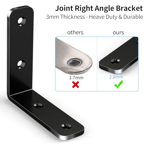 YUMORE 65mm L Corner Brace, Heavy Duty 90° Bracket, Black, 6 Pcs - color: Black, size: 2.56"x2.56"