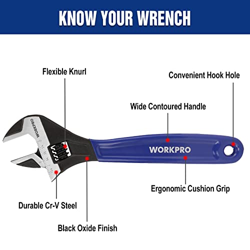WORKPRO 10-Inch Adjustable Wrench, Cr-V Steel Wide Jaw Black Oxide Wrench - color: Blue, size: 10-Inch