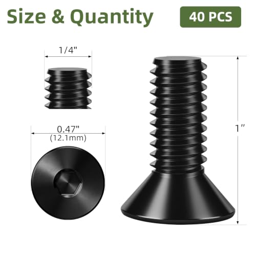 40 PCS 1/4"-20 x 1 Flat Head Socket Cap Screws Bolts, 10.9 Grade Carbon Steel Countersunk Allen Bolts, Full Thread, Black Coating, Screwdriver Included - color: Black, size: 1/4"-20 x 1"